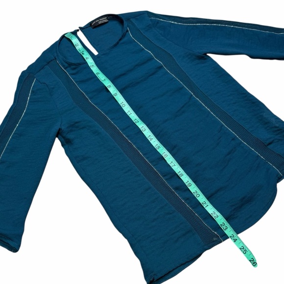 Zara W&B Collection Teal Sheer Mesh Panel Keyhole Back 3/4 Sleeve Blouse - Small - Picture 11 of 16